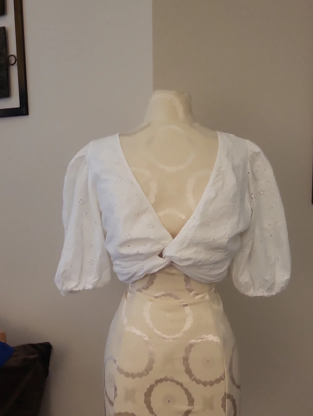 Zara White Eyelet Twist-Knot Puff Sleeve Top